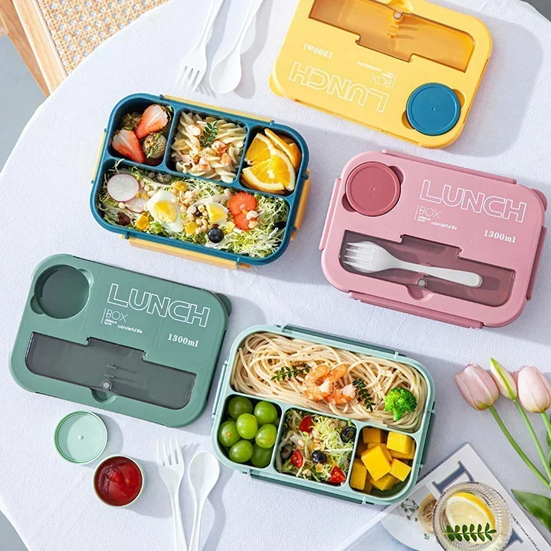 1300ML Portable Lunch Box with Sauce Box Fork and Spoon Microwave Food Compartment Storage Container Kids Student Bento Box