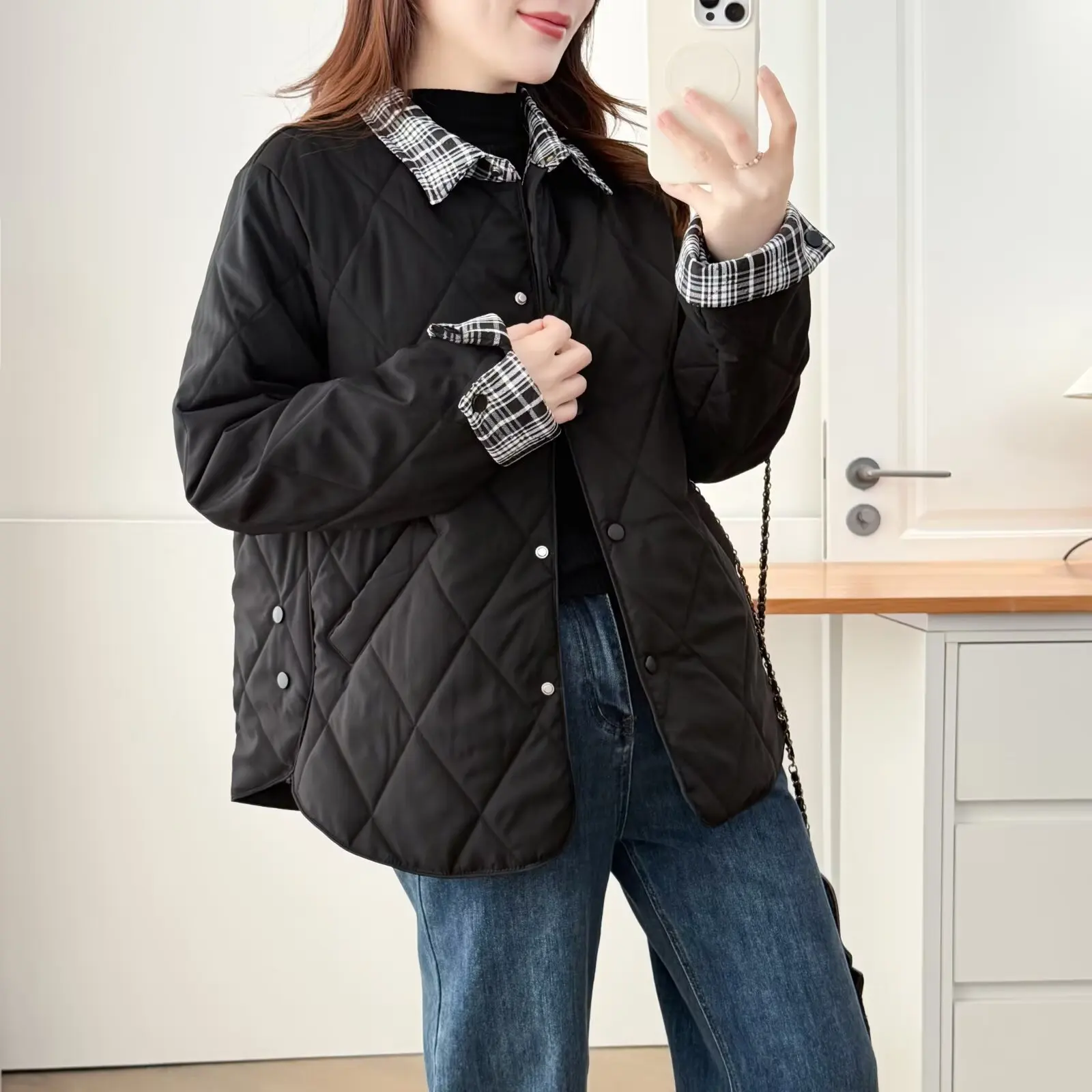 XXXXL Fashion Plus Size Women's Parkas 2025 Autumn And Winter New Style Plaid Lapel Padded Jacket Warm Coats 072