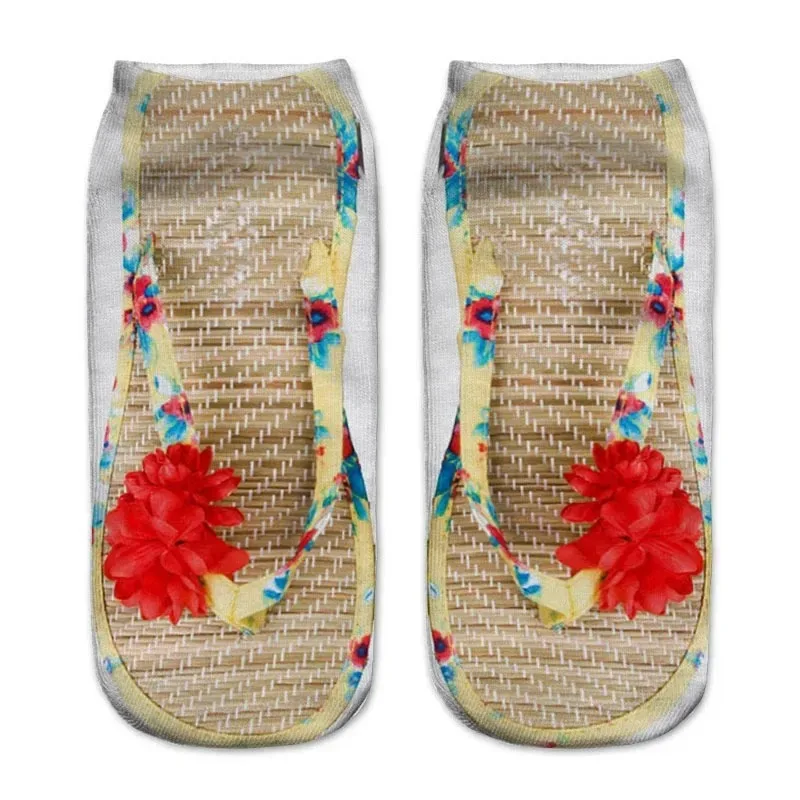 Funny 3D Printed Socks Flip Flops Slippers Sandals Skull Shoe Pattern Summer Cute Kawaii Low Short Soft  Ankle Beach Floor Socks