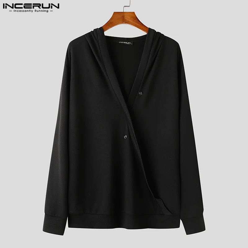 INCERUN Men's Cardigan Solid Color Knitted Hooded V Neck Long Sleeve Button Male Sweaters Streetwear Casual Men Clothing