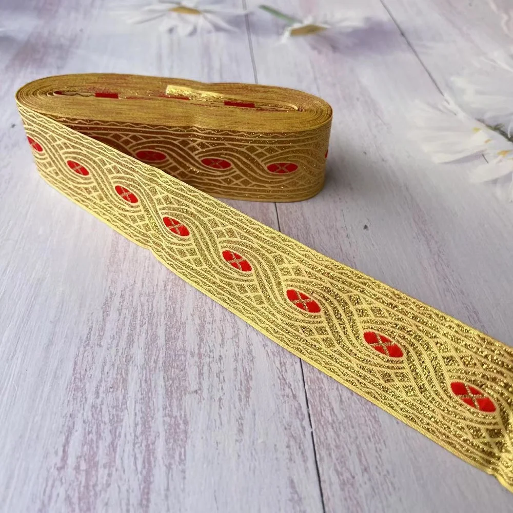 10yards/lots Woven Jacquard Ribbon 4cm gold background geometry pattern LS-9430