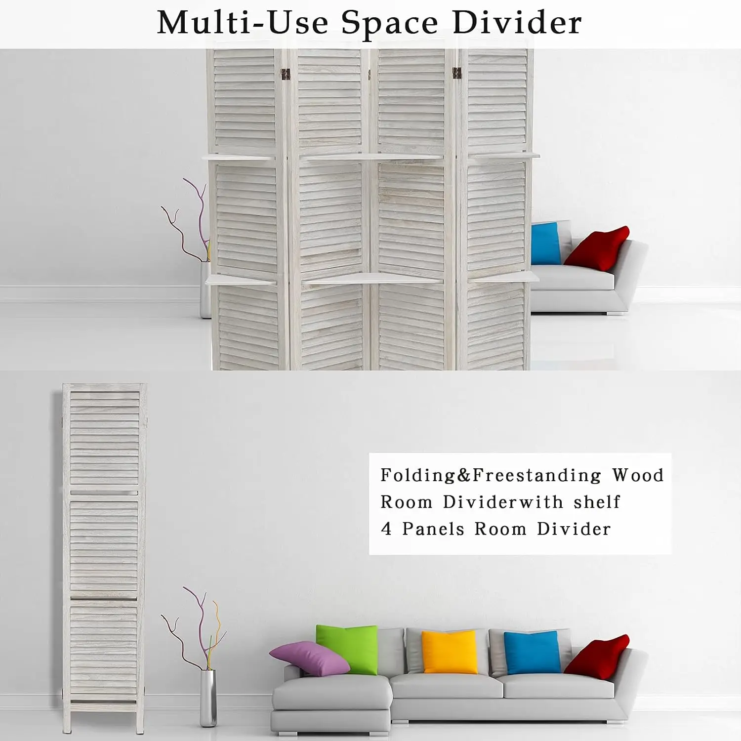 Room Divider 4 Panel, White with Shelves, Wall Dividers and Folding Privacy Screens, Portable Room partitions for Bedroom