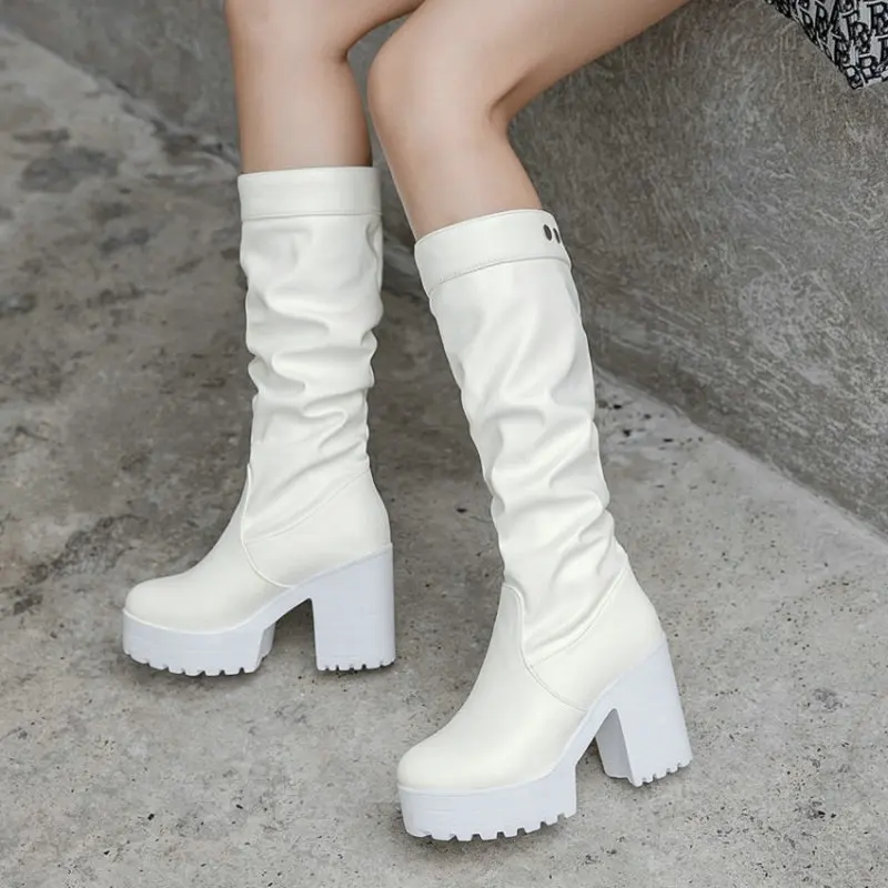 

QPLYXCO pu pleated casual ladies boots chunky high heels white black womens mid-calf boots round toe woman boots big size 34-43