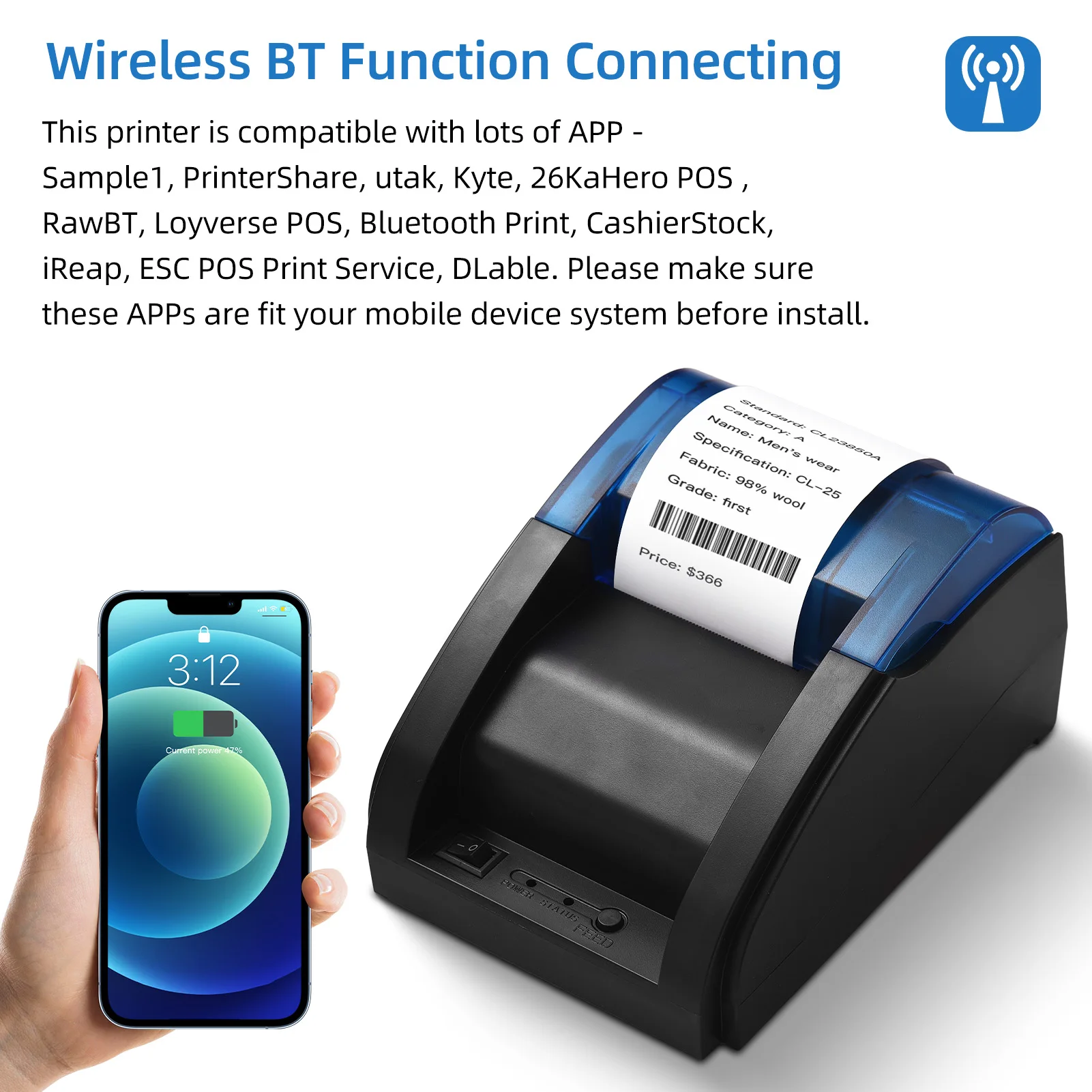 58mm Desktop Receipt Printer POS Printer Direct Thermal Printing for Android/iOS/Windows Support ESC/POS for Shipping Restaurant