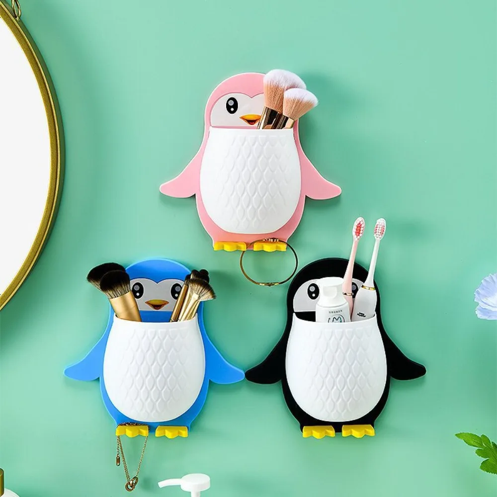 Penguin Toothbrush Holder Anti-dust PP Toiletries Cup Shelf Draining Wall Mounted Toothpaste Holder Bathroom Kitchen Desktop