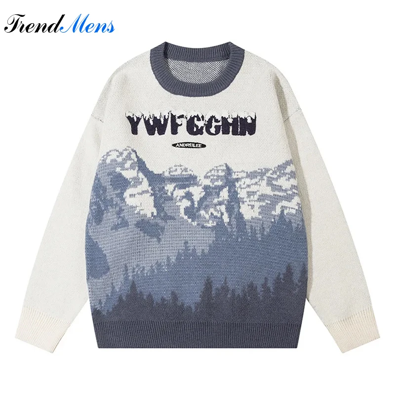 

Landscape Elements Printed Sweater Men Loose Fashion Comfortable Long Sleeve Knitting Harajuku Versatile Couple Pullover Chompa