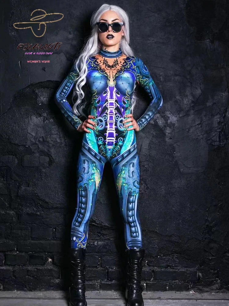 Halloween Costume New Skeleton Digital Print Women's Bodycon Rompers Cosplayer Dress Girl's Scary Jumpsuit