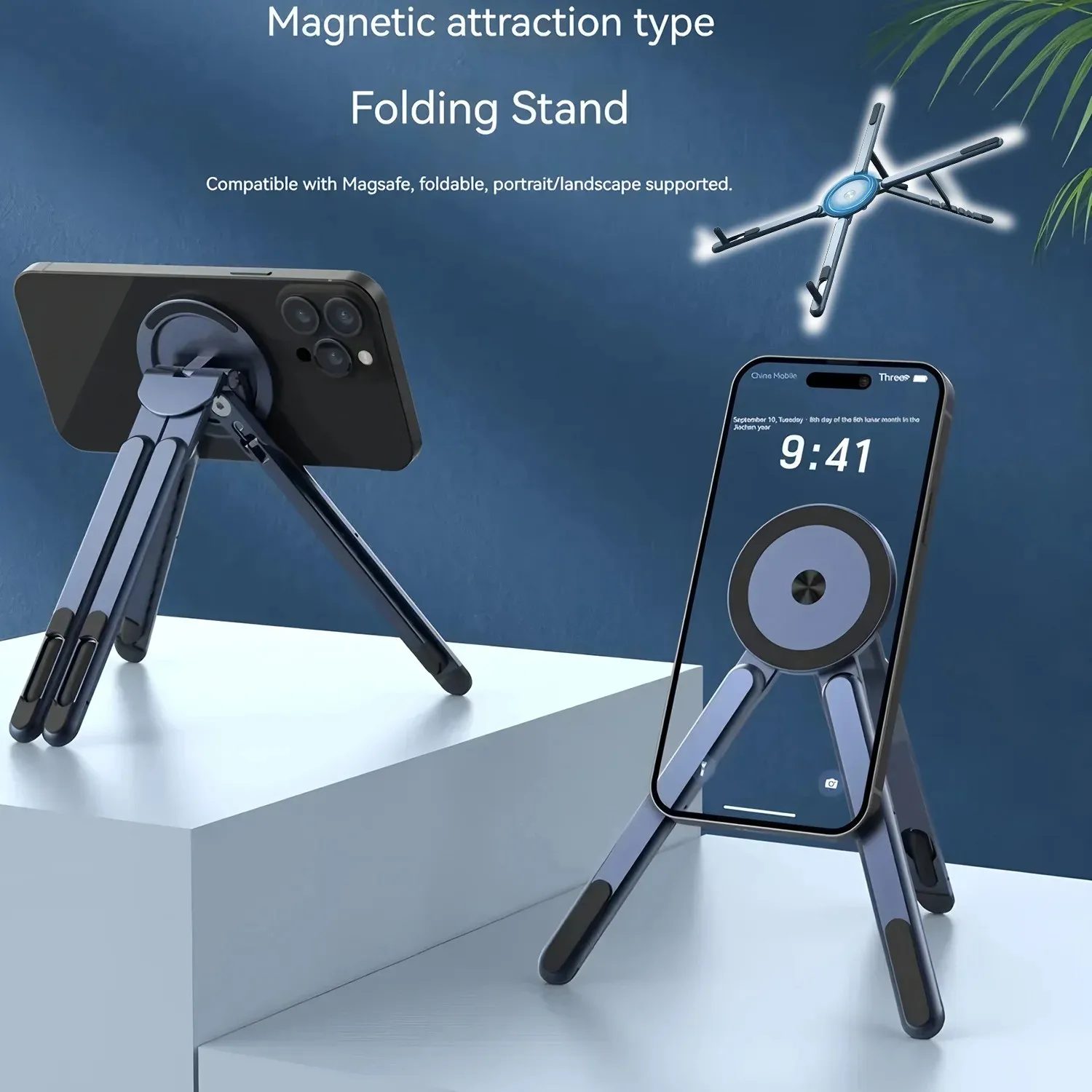 Support de téléphone magnétique portable et perche à selfie 3-en-1, trépied pliable pour iPhone, iPad, tablette, ordinateur portable, utilisation sur ordinateur de bureau