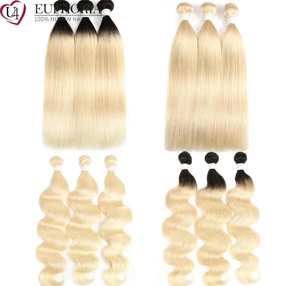 

Color 613 Brazilian Remy 100% Human Hair Bundles Ombre Blonde Hair Straight Hair 3 Bundles Weaving Extensions 1/3/4Pcs EUPHORIA