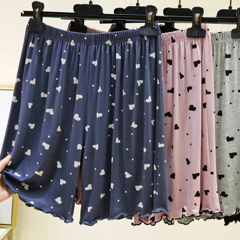 Pantalones cortos holgados para dormir con estampado de corazones para mujer, de modal suave con cintura elástica. Ropa de descanso para mujer, ideal para el verano y el hogar._voghion.com