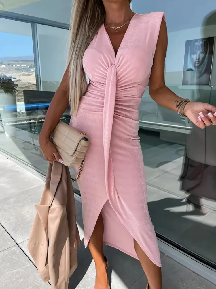 

Sexy Party Club Lady Slit Slim Fit Dresses V Neck Women Summer Pleated Patchwork Dress Streetwear Casual Solid Sleeveless Dress