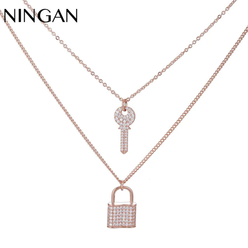 

NINGAN Key & Lock Chain Women Necklace Set Pendant Necklaces Female Fashion Party Jewelry Gift for Friend Wife