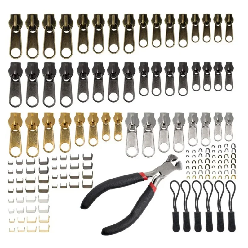 85/197pcs Zipper Sliders Repair Kit Replacement Tent Zipper Head Luggage Puller Slide with Plier for DIY Sewing Tools