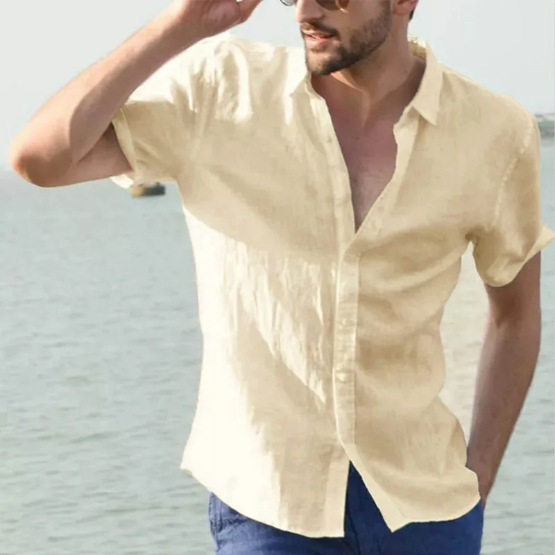 Hot Sale Men\'s Short-Sleeved Shirts Cotton Linen Summer Solid Color Turn-down Collar Quick Drying Casual Beach Style Plus Size