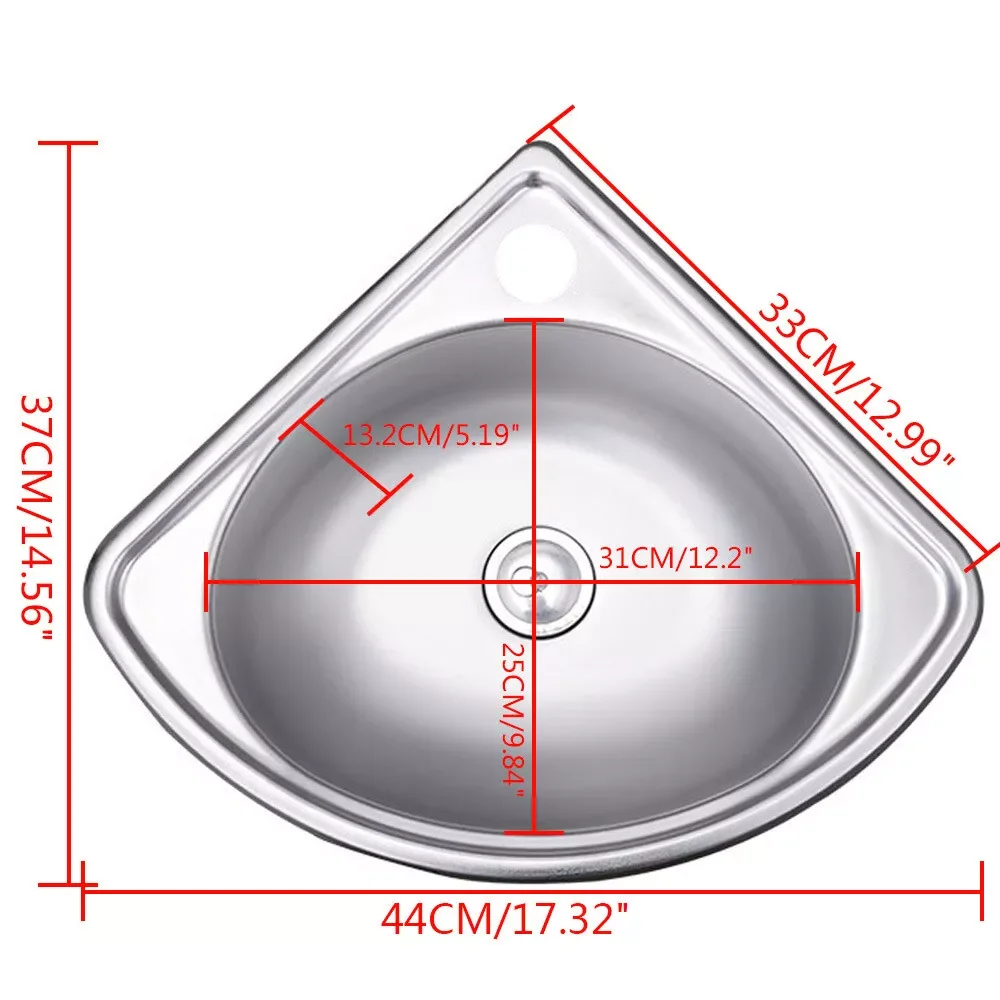 RV Kitchen Bathroom Sink Wall Mount Single Bowl Strainer+Down Pipe Stainless Steel Triangle Corner Sink Basin 2