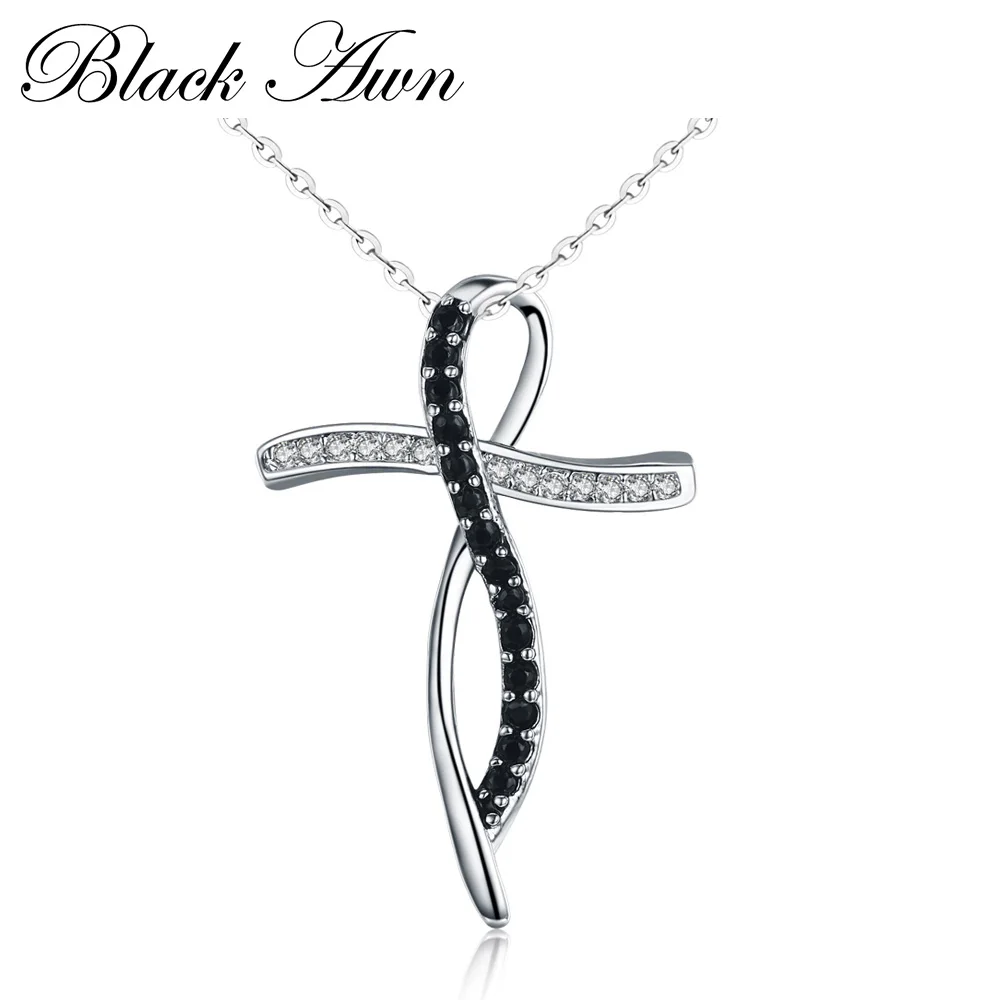 [BLACK AWN] Fashion Silver Color Necklace Women Jewelry Black&White Stone Cross Necklaces Pendants P114