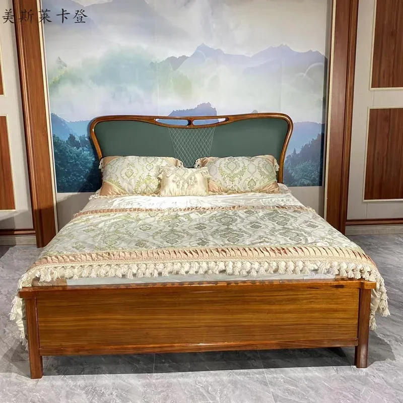1Ugyen Wood Simple Modern Solid Wood Bed Small Apartment Leather Double Bed Bedroom Furniture
