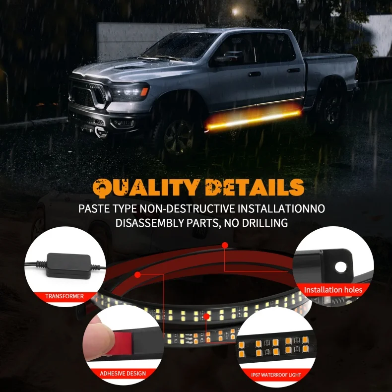 2Pcs Led Car Side Light Bar Signal Warning Lamp Emergency Strobe Light Pickup Taillight Truck Atmosphere Light 12-24V Waterproof