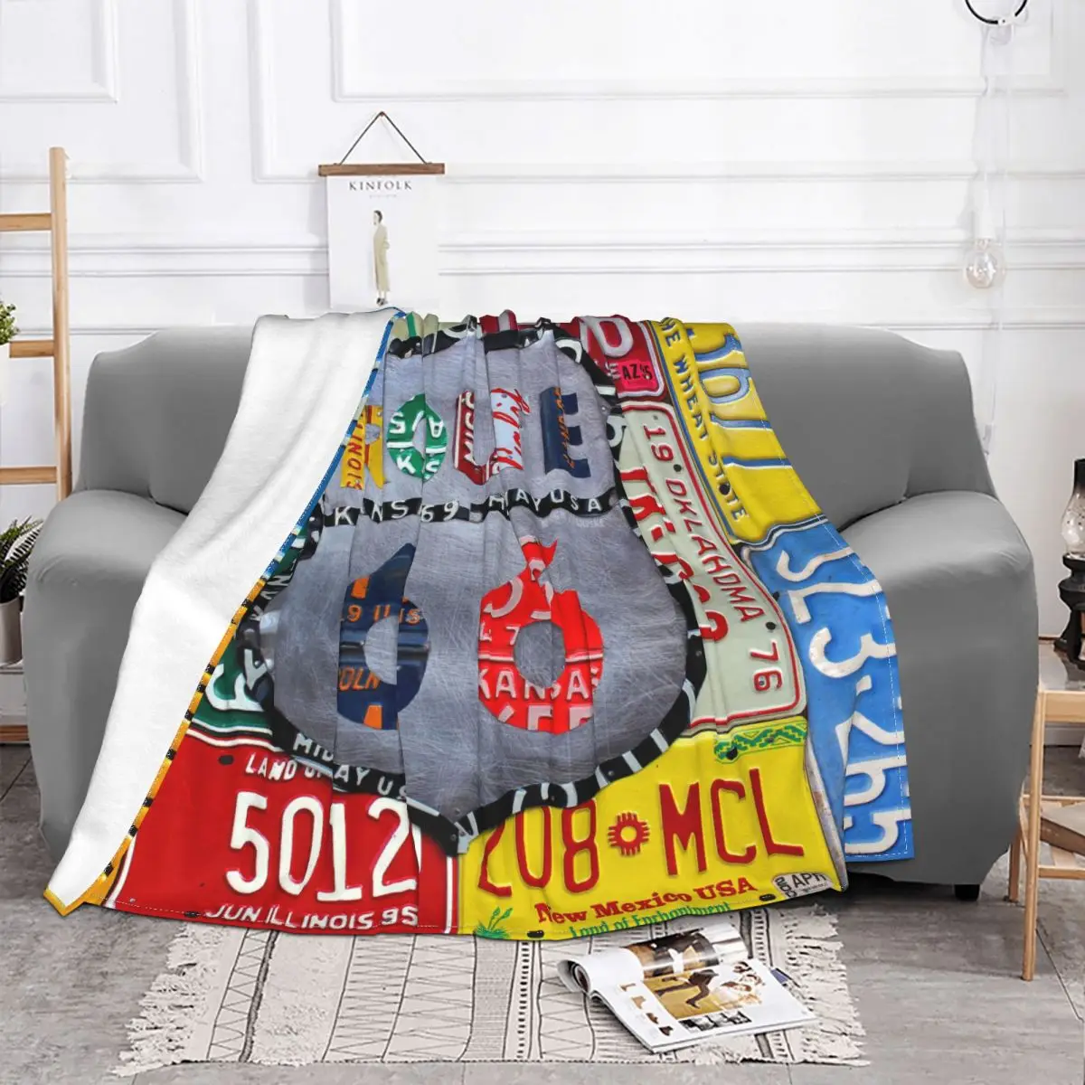 Route 66 Plaid Blankets Sofa Cover Fleece Spring Autumn Vintage Super Warm Throw Blanket for Home Outdoor Bedding Th