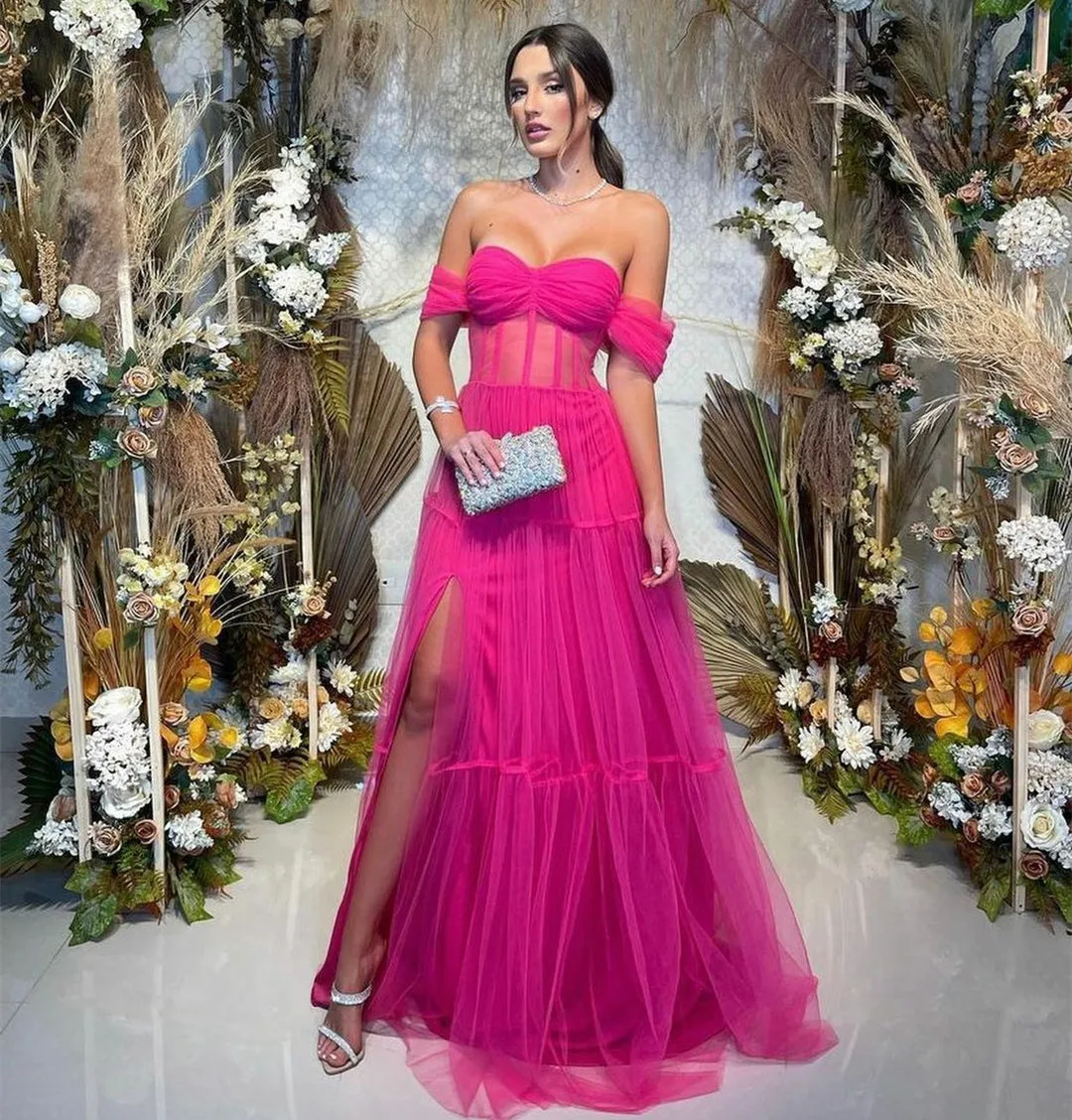 

Meetlove Elegant Long Tulle Off Shoulder Evening Dresses A-Line Pink Floor Length Prom Dress Robe de soirée for Women