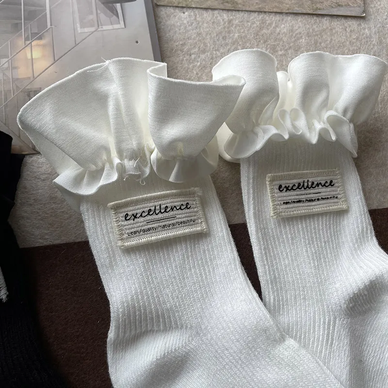 Children Girls Lace Lolita Kids Calf Socks Korean Black White Ruffle Socks for Baby Kids Soft Cotton Spring Frilly School Socks