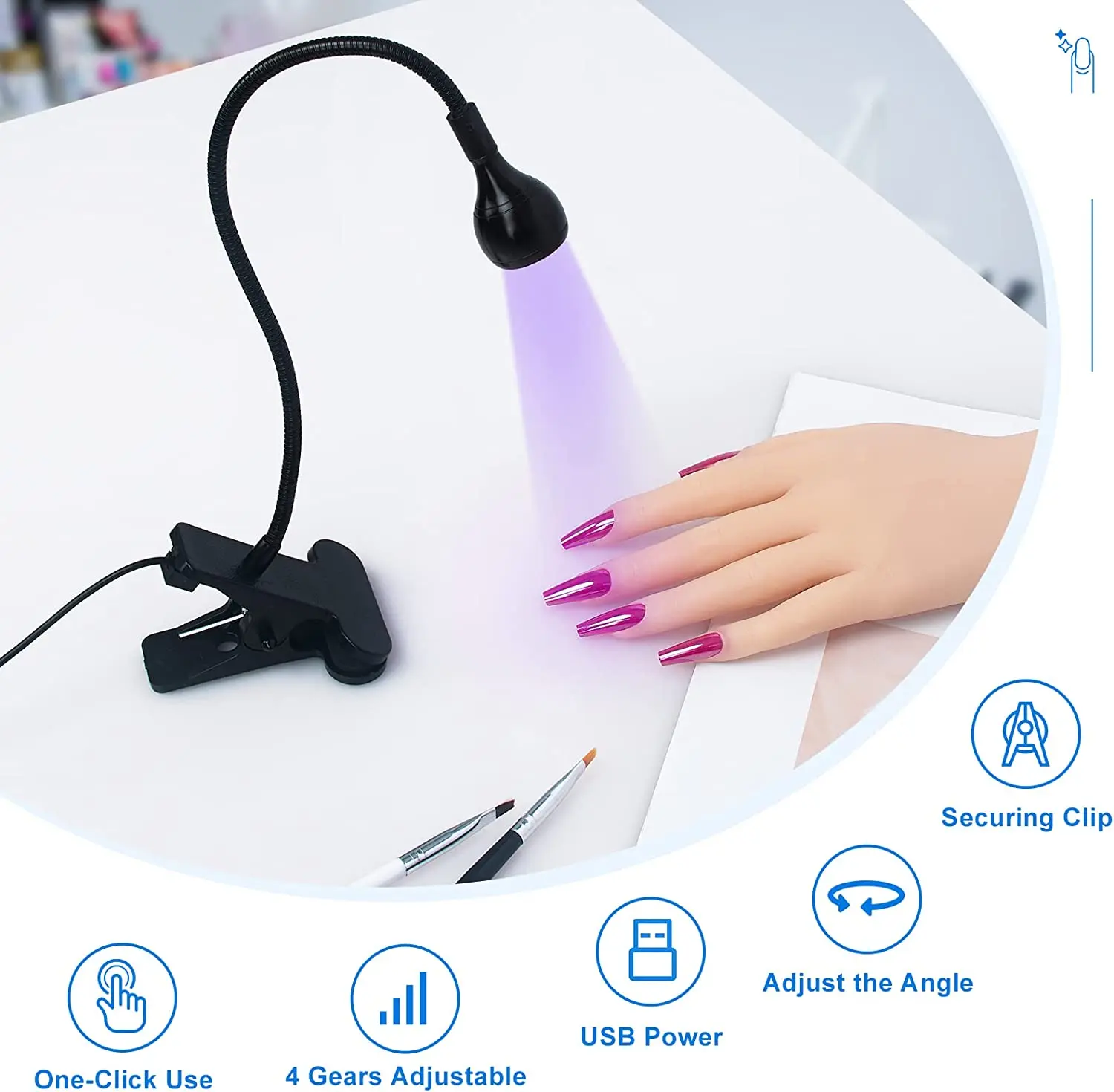 Nail Lamp,Black 3W LED Nail Manicure Dryer 395NM Curing Light with Gooseneck and Clamp for Gel Nails