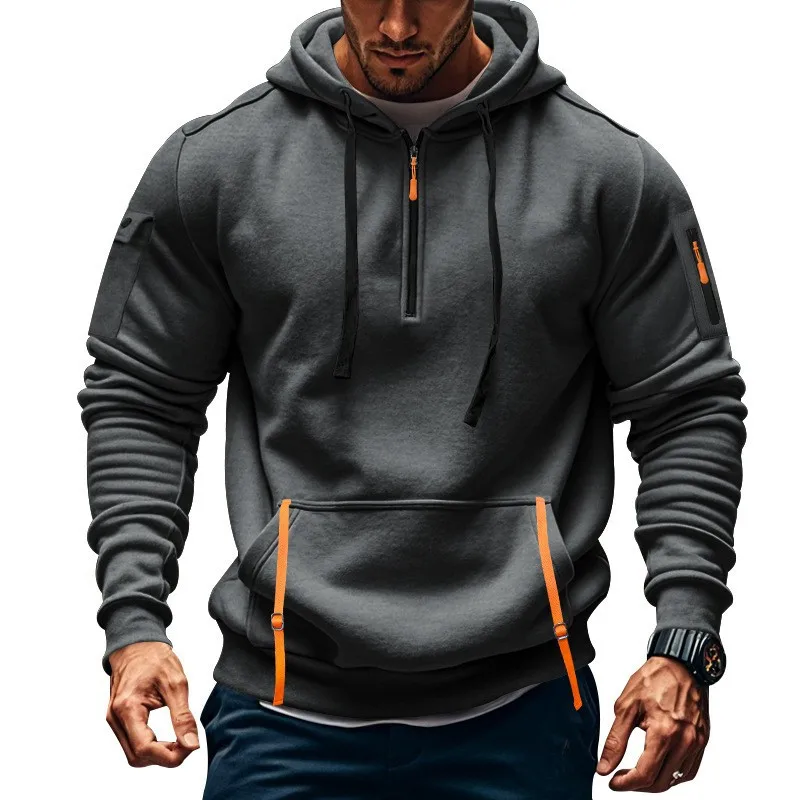 Autumn and Winter New Men's Outdoor Sports Tooling Wind leisure comfortable solid color arm pocket zipper long-sleeved hoodie 6