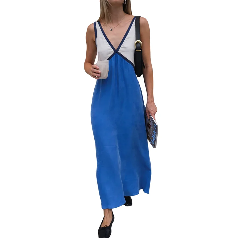 Vestido elegante de verano para mujer, con cuello en V, sin mangas, con patchwork de colores contrastantes, largo y sexy para fiesta de noche.