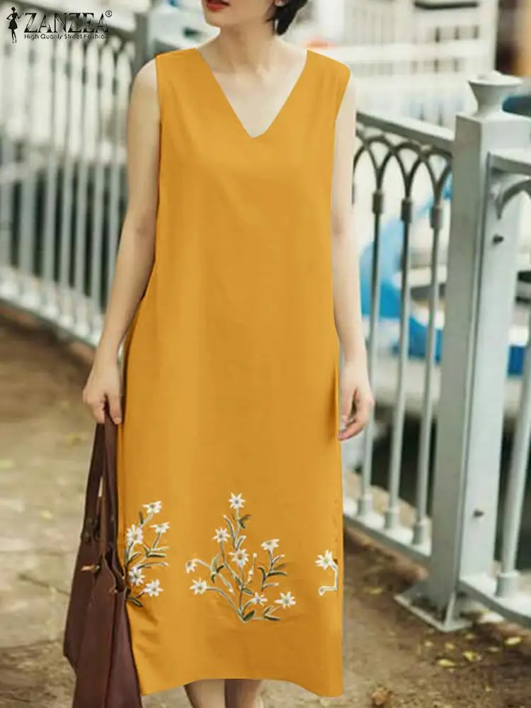 

Сарафан женский с цветочной вышивкой, модное повседневное ТРАПЕЦИЕВИДНОЕ ПЛАТЬЕ С V-образным вырезом, одежда для отдыха, лето