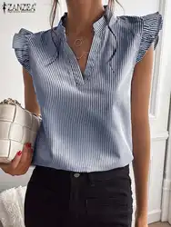 2023 ZANZEA Women Stripe Printed V-Neck Shirt New Fashion Sleeveless Blouse Bohemian Ruffles Chemise Female Casual Holiday Tops