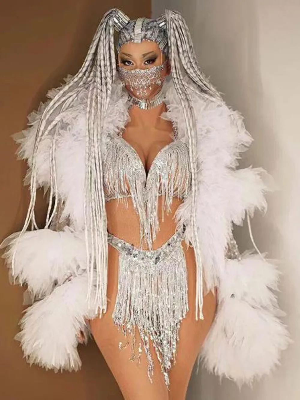 Shining Singer Costume Silver Sequin Fringed Bikini Luxury Fluffy Robe Birthday Outfits For Women Evening Party Stage Clothes