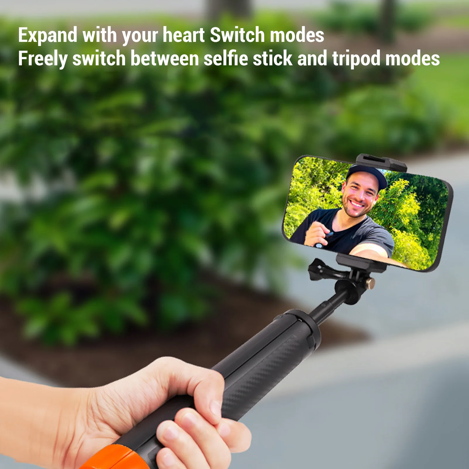 Détail du mécanisme d'extension de la perche à selfie trépied 4 en 1 flottant pour caméra action, de 23,5 à 57 cm.