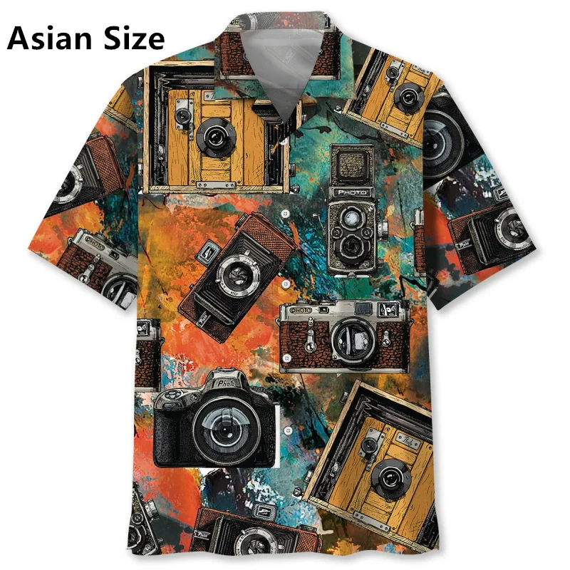 Full Print Colorful Camera Pattern Tropical Hawaiian Shirt For Men Short Sleeve Button Vacation Shirts Tops Men's Casual Shirt