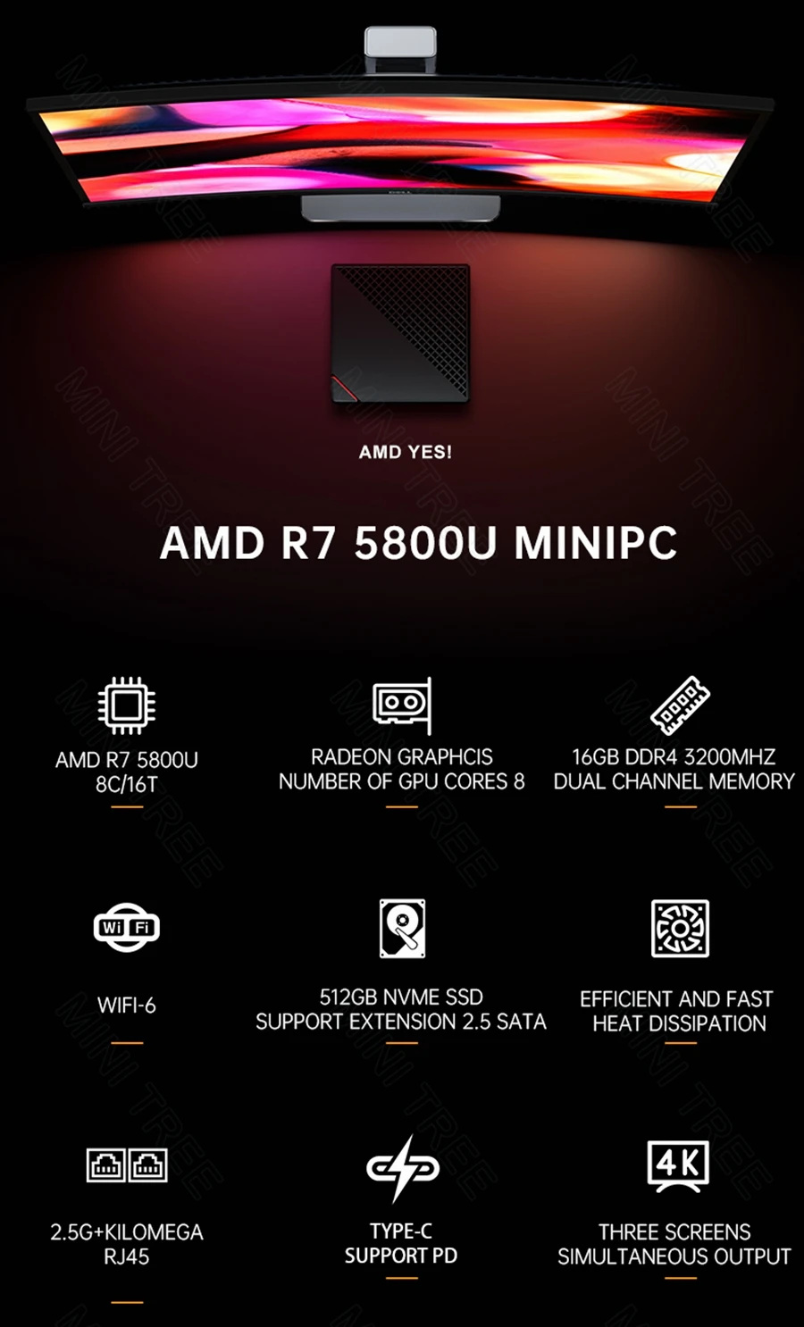 Powerful AMD Ryzen 7 5800U Micro Gaming Mini PC with DDR4, M.2 NVME, Win 11, Dual 2.5G, 4K Triple Display, HD DP, WiFi6, and BT5.2 – Elevate Your Gamer Desktop Experience. Description Image.This Product Can Be Found With The Tag Names Barebone Mini PC, Computer Office, Mini pc