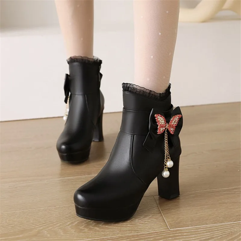Size 29-43 Girls Boots Women High Heel Ankle Boots Fashion Round head  Winter Zipper Boots Female Party Shoes Black White Pink sliver gold fashion crystal flower lolita style bling sequins child ankle boots low heels party wedding girl shoes 2023