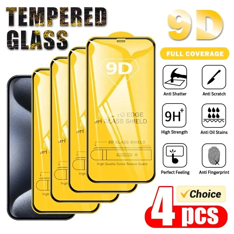 

4PCS 9D Screen Protector for iPhone 15 Pro Max 14 Plus 15Pro Full Cover Tempered Glass for iPhone 13 Pro Max 12 11 13 Mini Glass