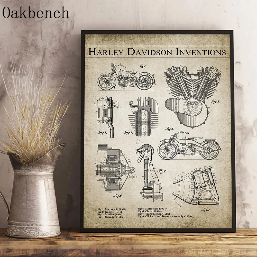 Motorcycle Inventions Wall Art Posters Engine Patent Painting Mechanical Engineering Poster