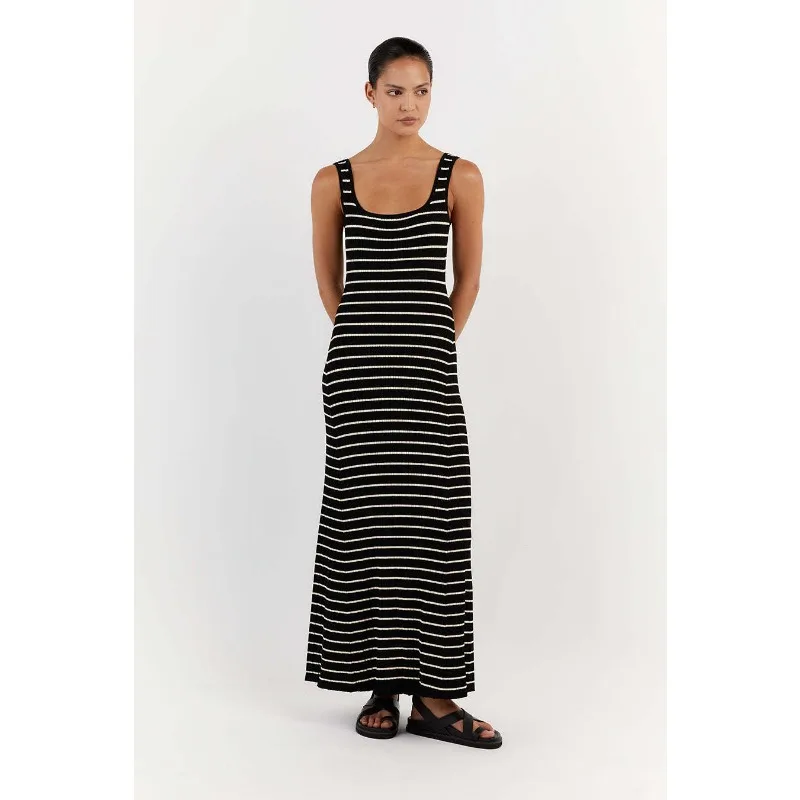Vestido largo de punto a rayas sin espalda para mujer, cuello redondo, sin mangas, ajustado, elegante, para fiesta, espagueti, para vacaciones y playa