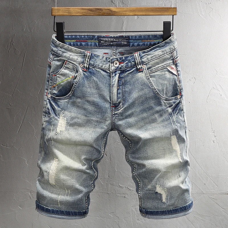 Summer Fashion Men Jeans Embroidery Designer Retro Elastic Slim Fit Ripped Short Jeans Men Vintage Casual Denim Shorts Men