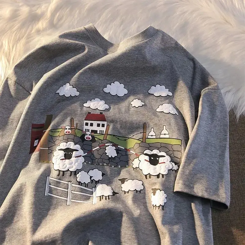 

Heavy Japanese sheep print short-sleeved T-shirts for men and women, Korean style spring and summer loose casual men clothing