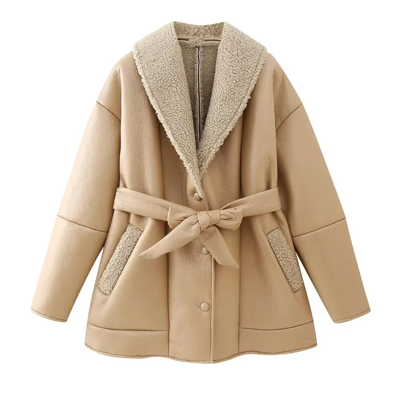 

Woman Casual Camel Loose V Neck Leather Jacket 2023 Winter Female Warm Lambhair Coat Ladies High Street Oversized Lacing Jackets