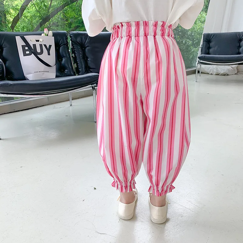 

Kids Pants Summer New Fashionable Korean Style Baby Thin Breathable Loose Anti Mosquito Pants Girls Casual Striped Casual Pants
