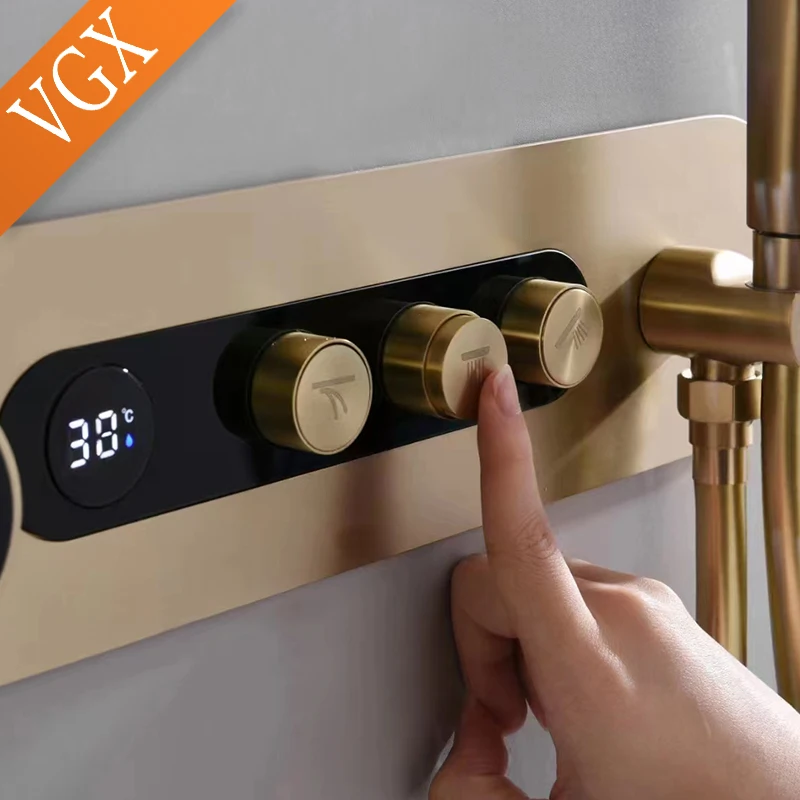 VGX Luxury Concealed Thermostatic Shower System Set Temperature Display Waterfall Shower System Rainfall Bathroom Set