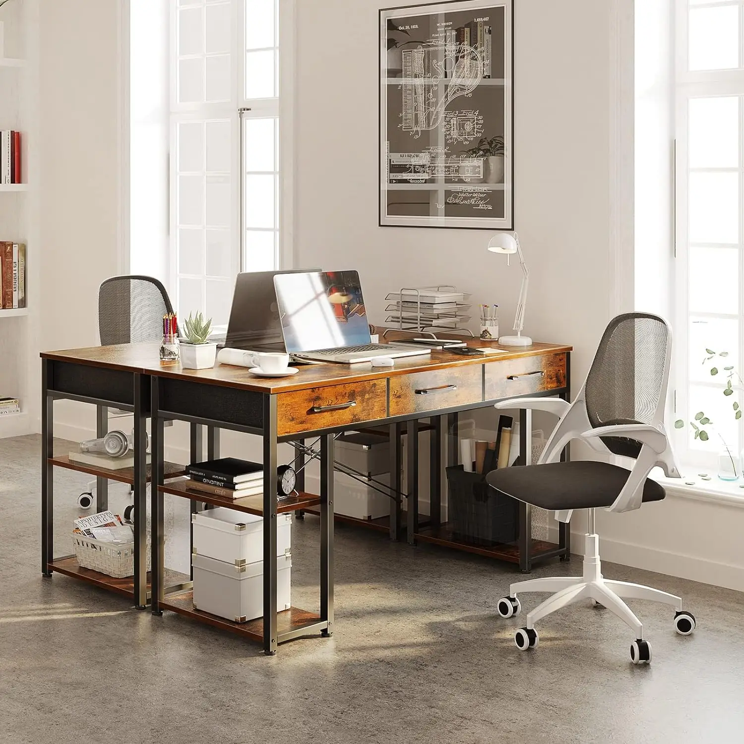 ODK Office Small Computer Desk: Home Table with Fabric Drawers & Storage  Shelves, Modern Writing Desk, White, 48x16