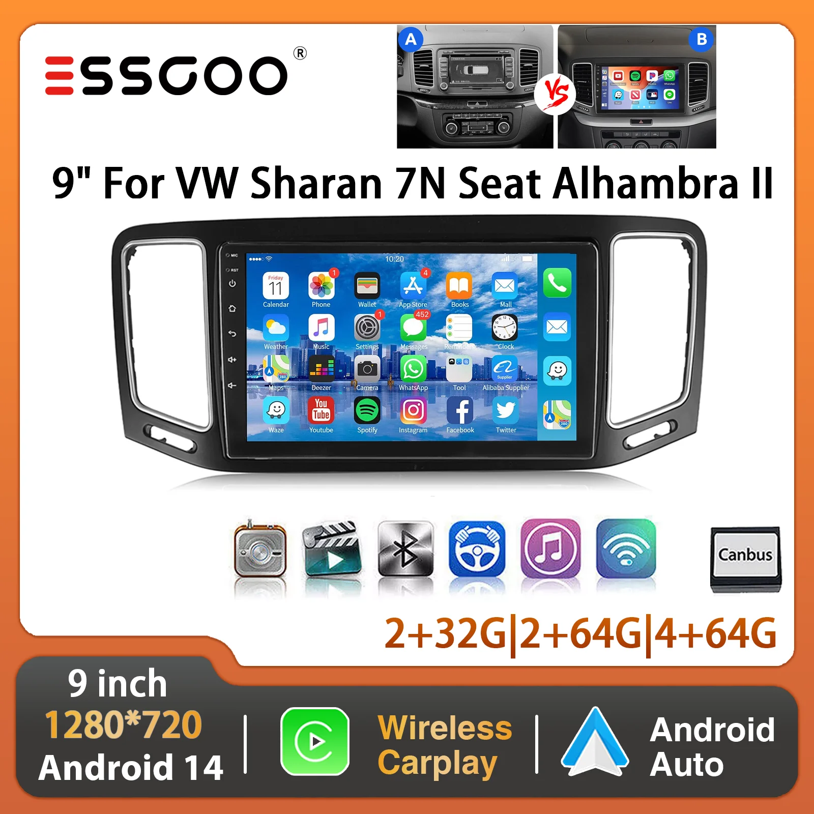 ESSGOO Android 14 9 "Autoradio Für VW Sharan II 7N Seat Alhambra 2 2010-21 Drahtlose Carplay Android Auot GPS Navi FM Wifi