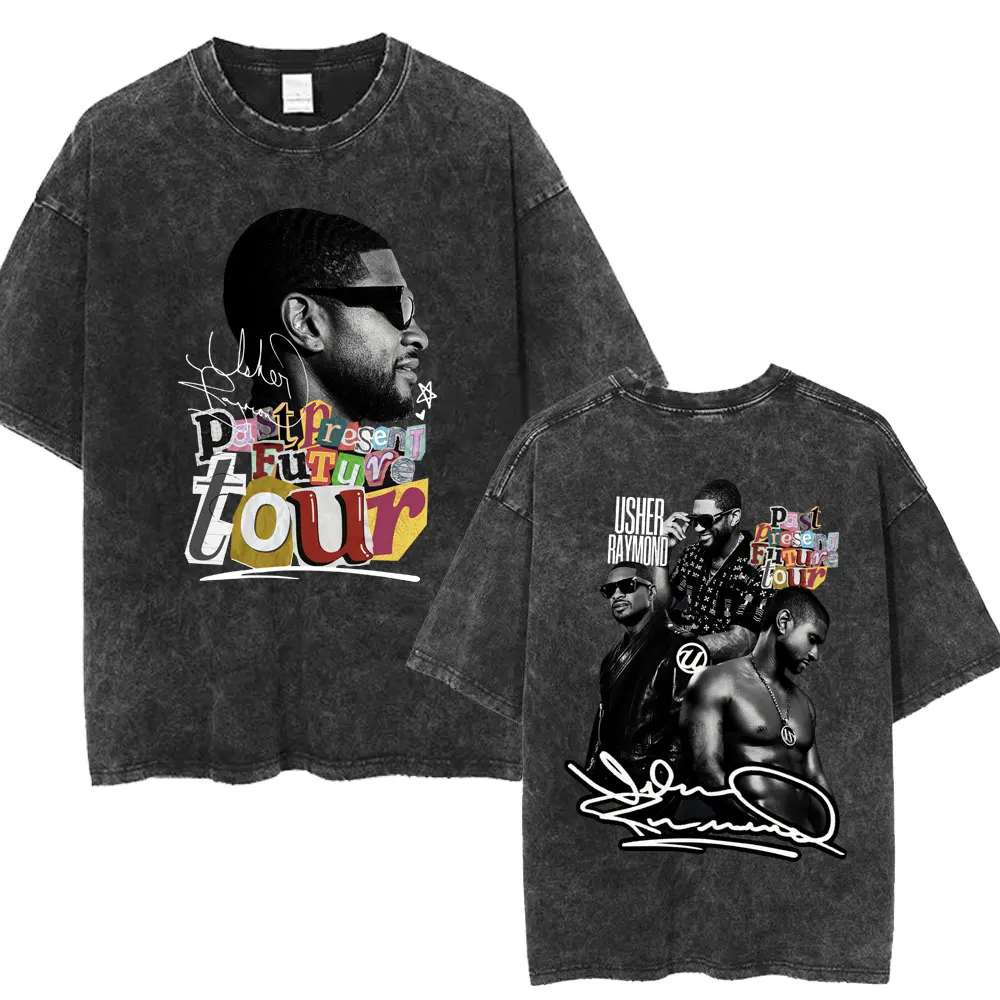 Usher Past Resent Future Tour Washed T Shirt Hip Hop Retro Harajuku Men Women Loose Cotton Street Tees