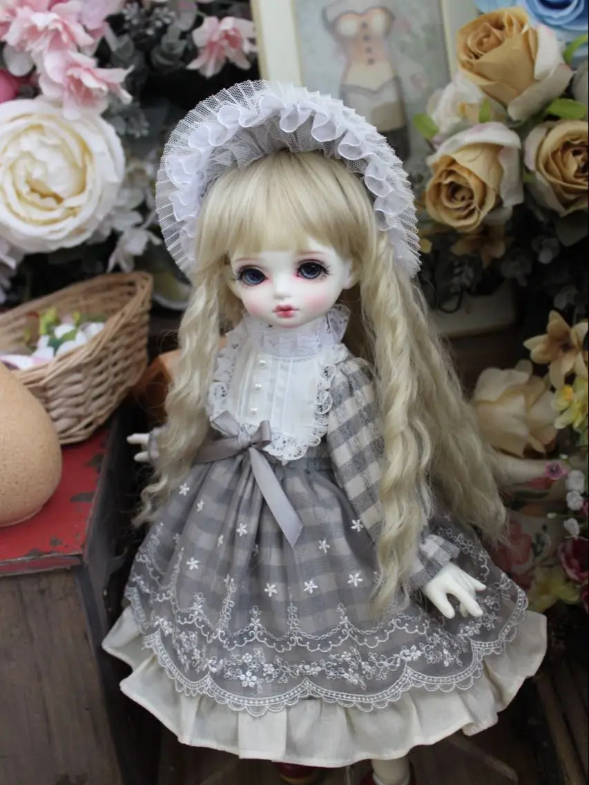 

1/6 1/4 1/3 BJD dress + hair Clips doll retro dress cute grey plaid for 1/3 1/4 1/6 BJD SD DD 1/6 Blyth doll accessories