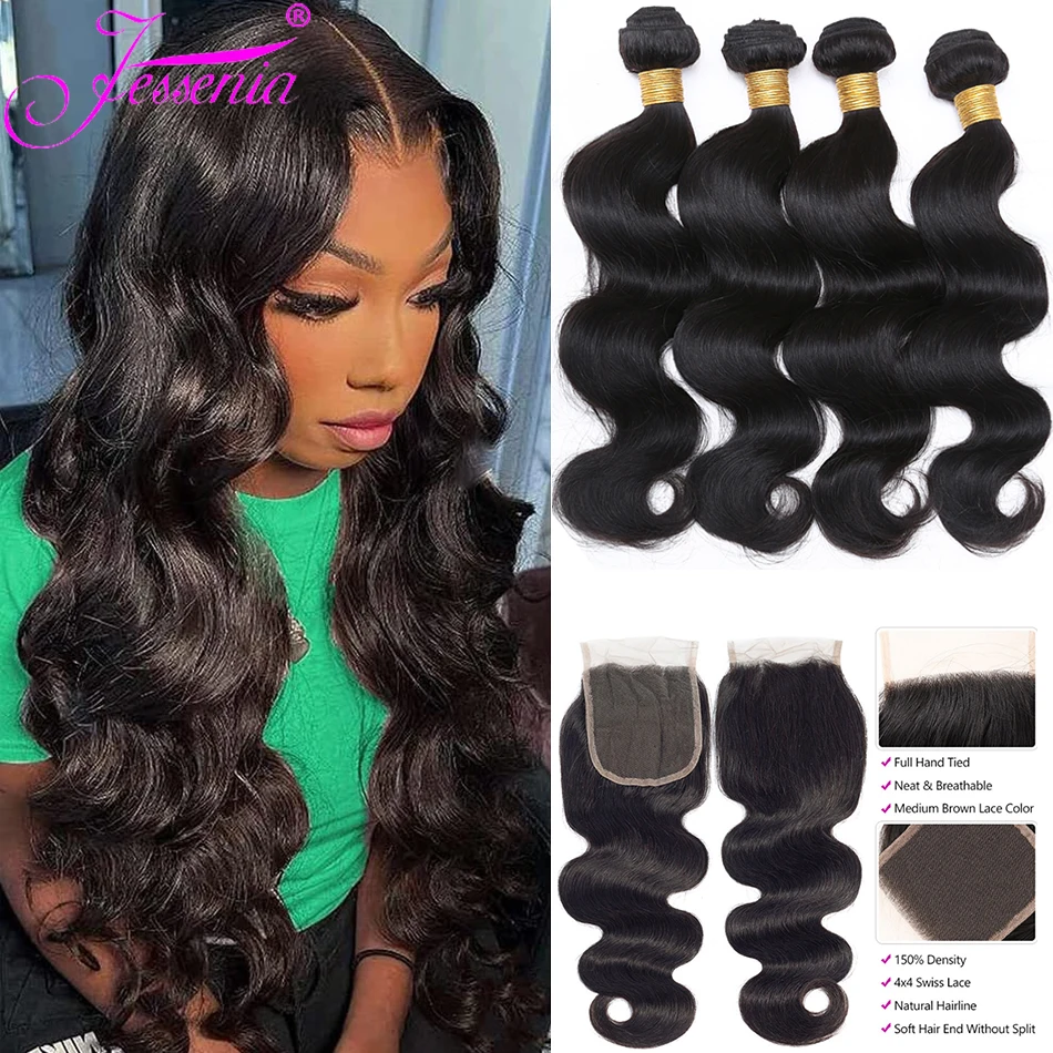 

Body Wave Bundles with Closure Malaysian Hair Weave 3 4 Bundles With Lace Frontal 4X4 HD Transparent Lace Hair Extension Cheap