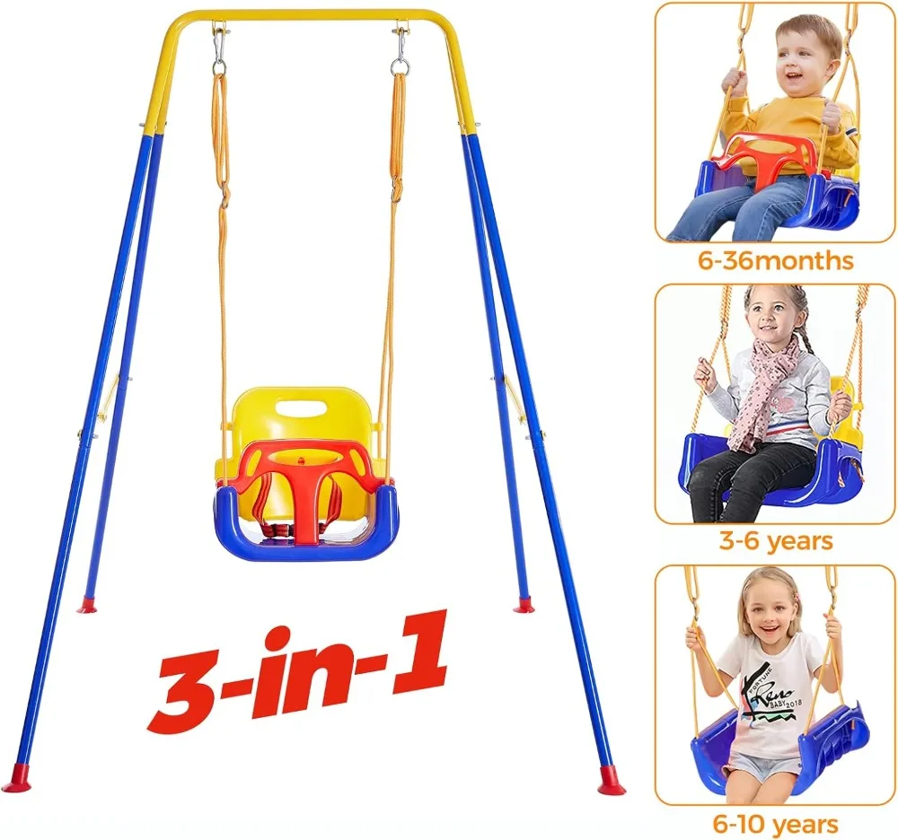 3-in-1 Toddler Swing Set with 4 Sandbags, Indoor/Outdoor Baby Swing with Foldable Metal Stand, Kids Swing Set Clear Instructions 3