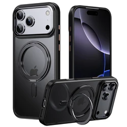 Magnetic 360° Stand Phone Case with Metal Button & Lens Protection - Transparent Matte Cover - iPhone 17 Pro (Series 17 Black)